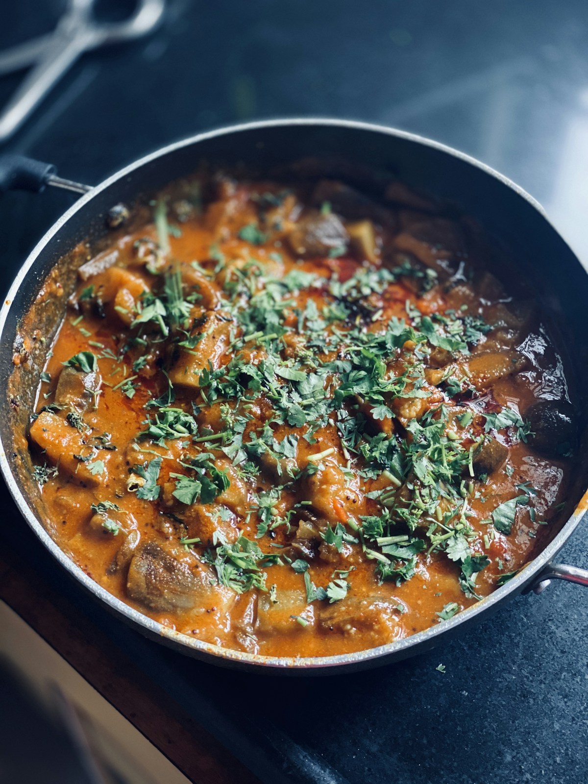 Indian curry topped with fresh coriander